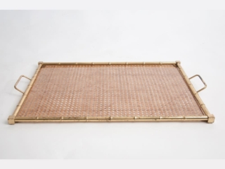 large mid century Christian Dior style brass, lucite and rattan serving tray