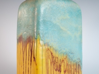 large turquoise and yellow slab vase by Marcello Fantoni