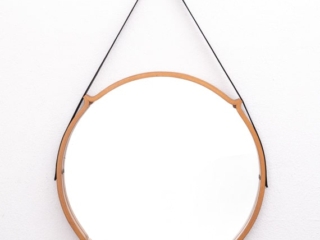 large circular teak Italian mirror with leather strap hanger
