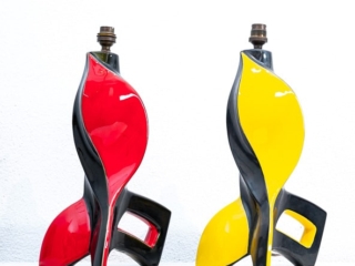 matched pair of yellow, red and black ceramic lamps attributed to Echlinger