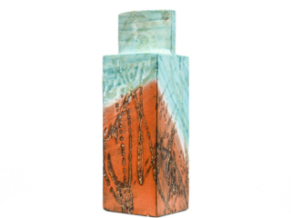 Square aqua and brown square slab vase by Marcello Fantoni Italy