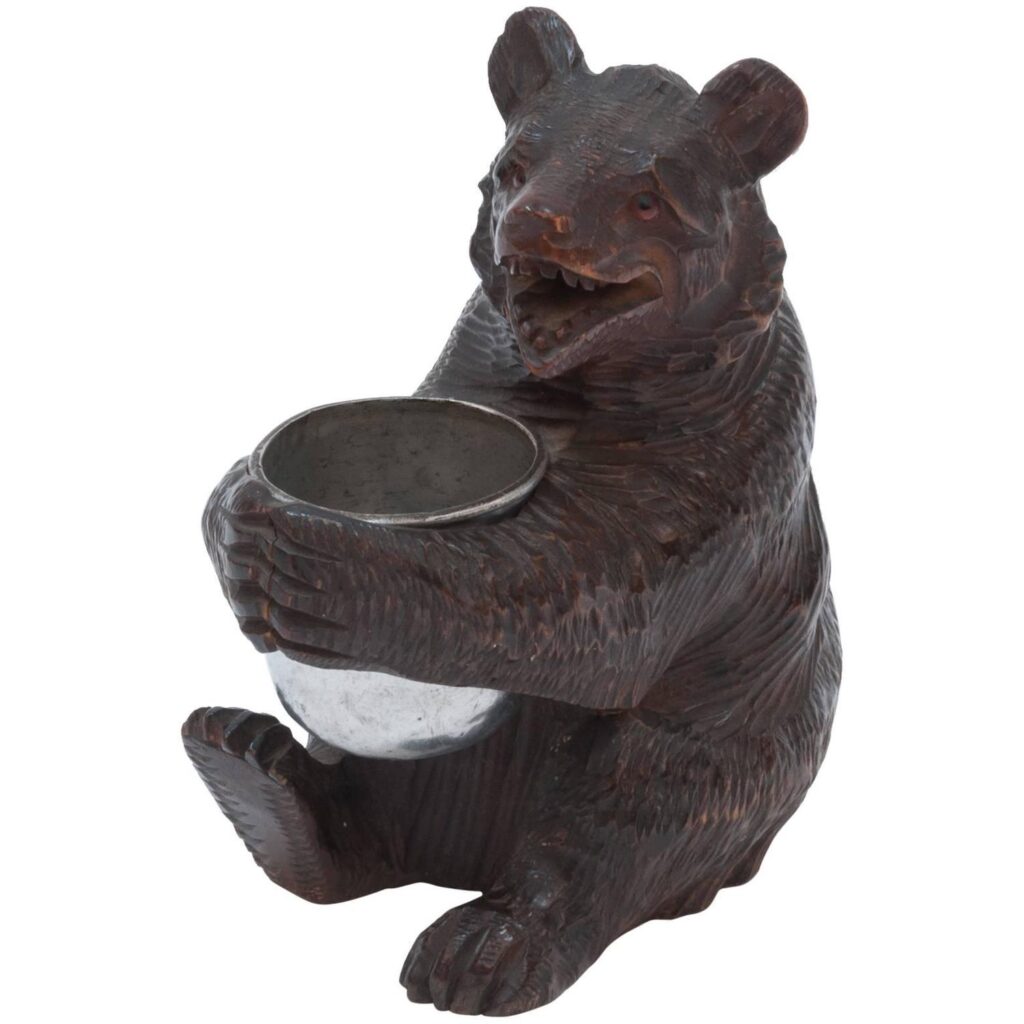 Black Forest Carved Wooden Bear Holding a Silver Plated Cup