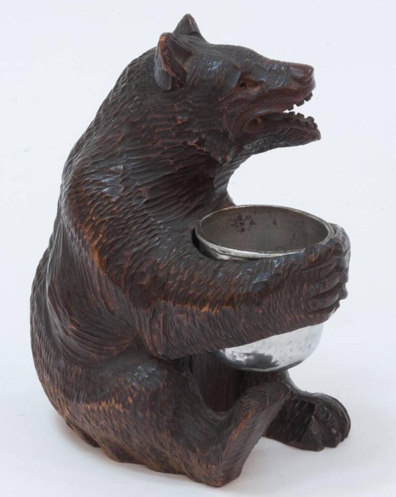 Black Forest Carved Wooden Bear Holding a Silver Plated Cup2