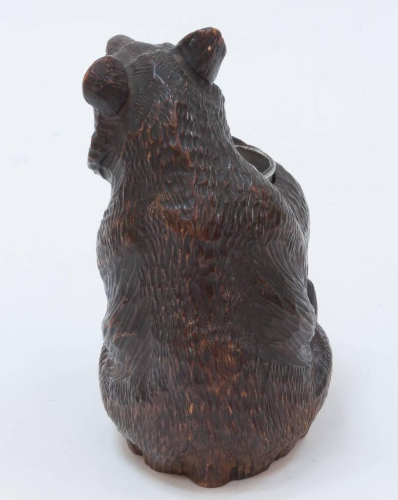 Black Forest Carved Wooden Bear Holding a Silver Plated Cup3