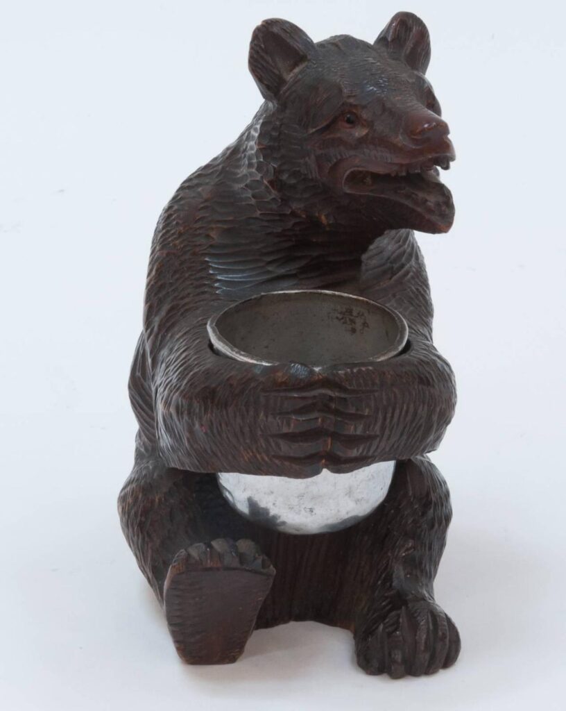 Black Forest Carved Wooden Bear Holding a Silver Plated Cup4