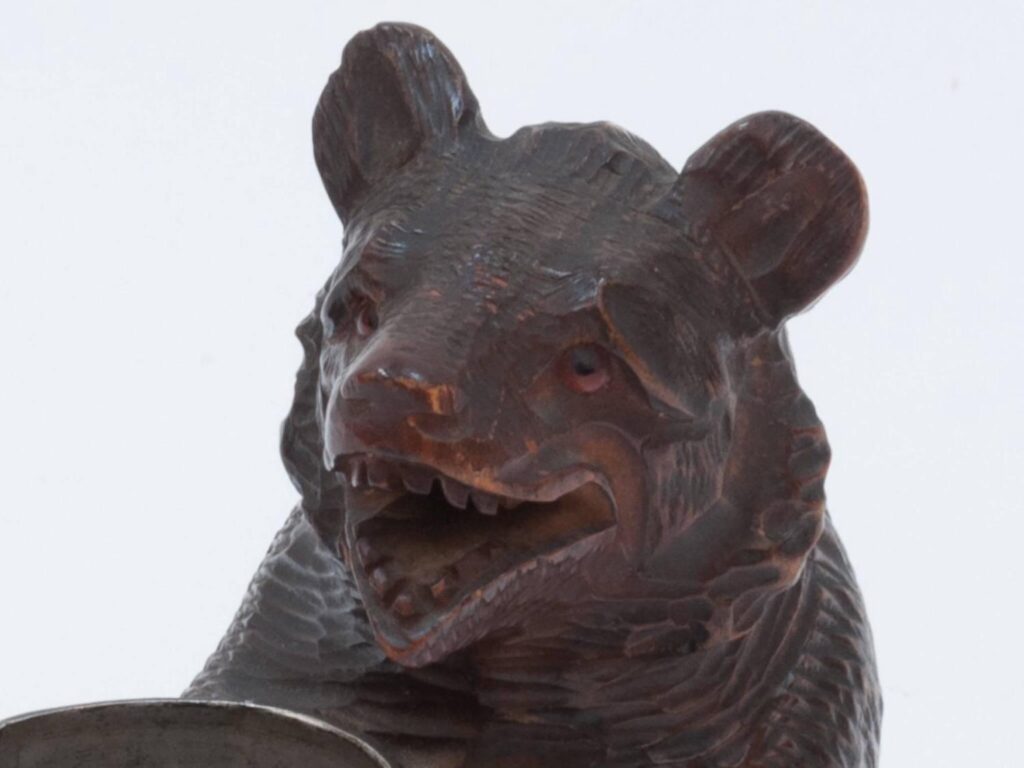 Black Forest Carved Wooden Bear Holding a Silver Plated Cup5