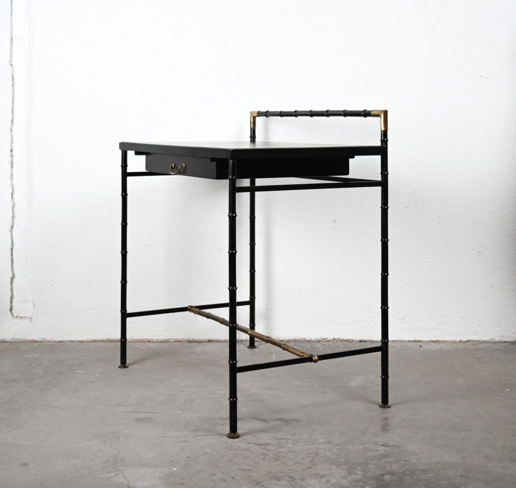 Jacques Adnet style black and brass faux bamboo table 11