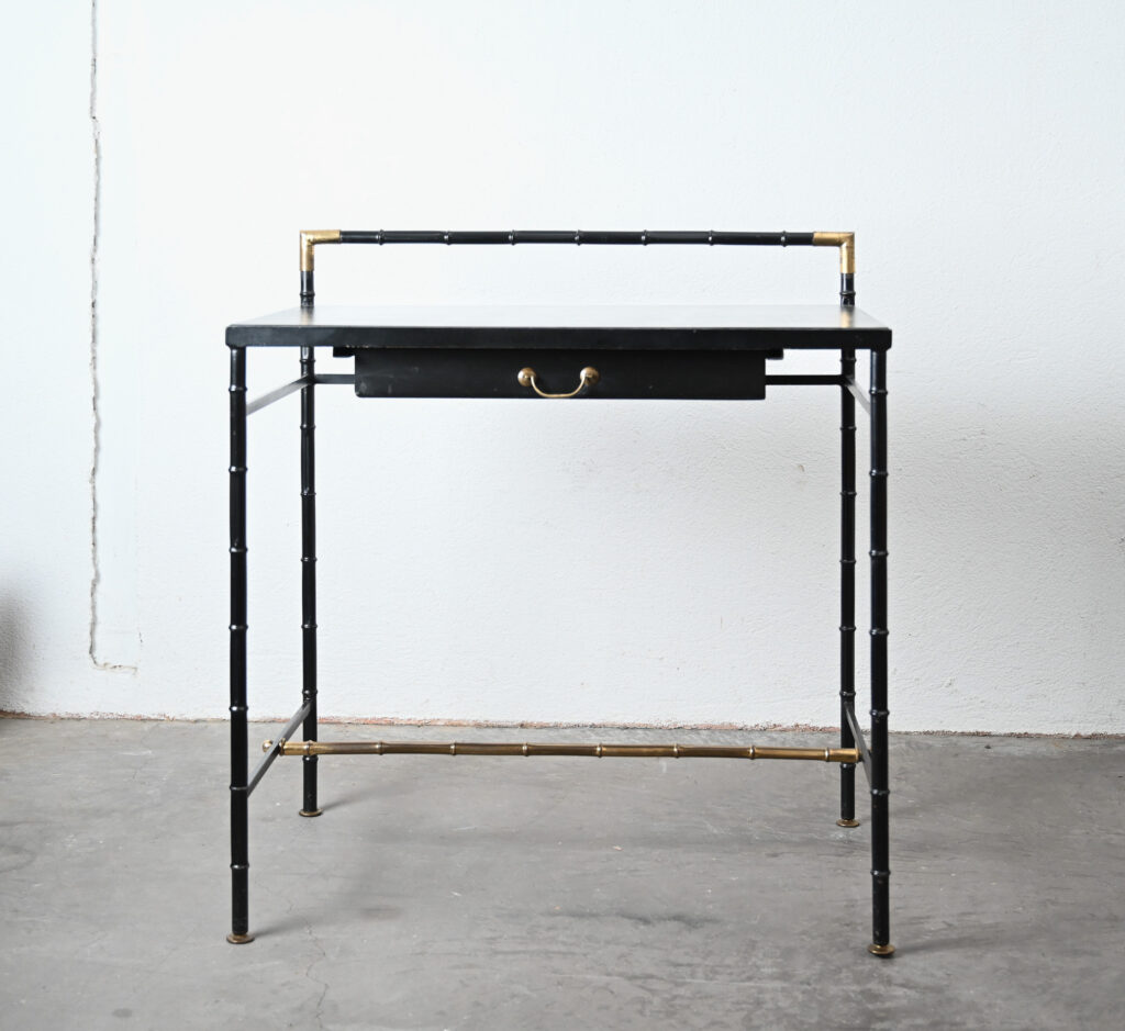 Jacques Adnet style black and brass faux bamboo table 18
