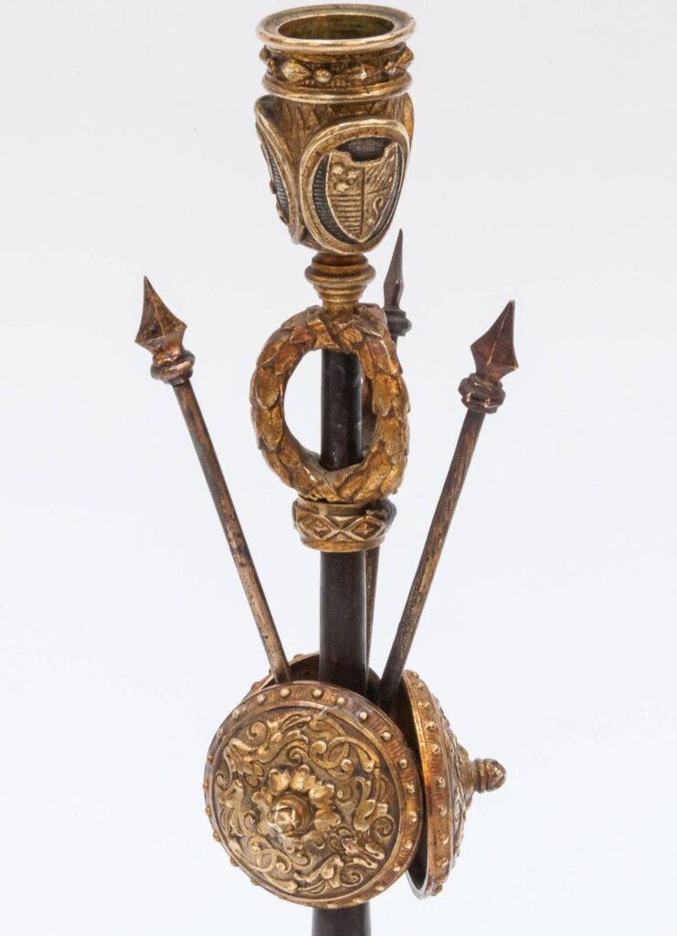 Pair of Military Inspired Cast Bronze Candlesticks