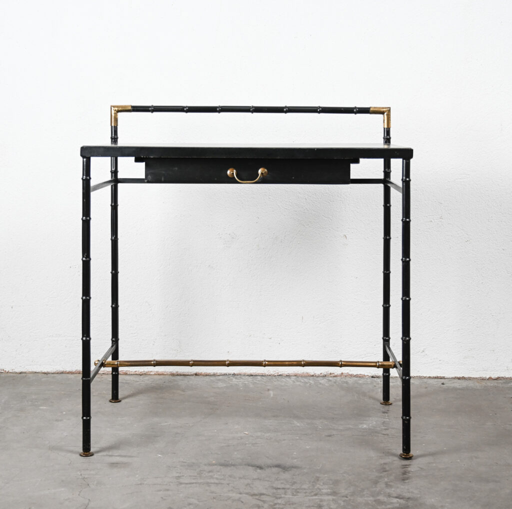 Jacques-Adnet-style-black-and-brass-faux-bamboo-table-10