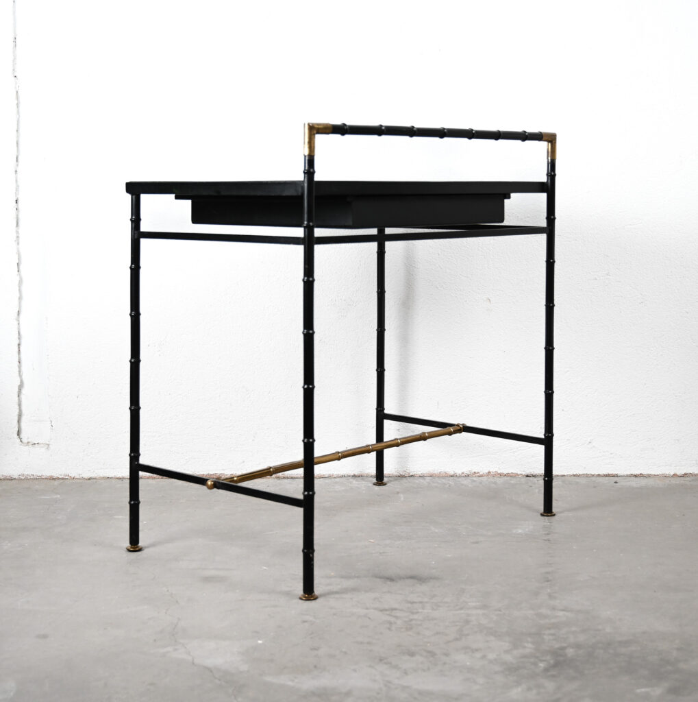 Jacques-Adnet-style-black-and-brass-faux-bamboo-table-13