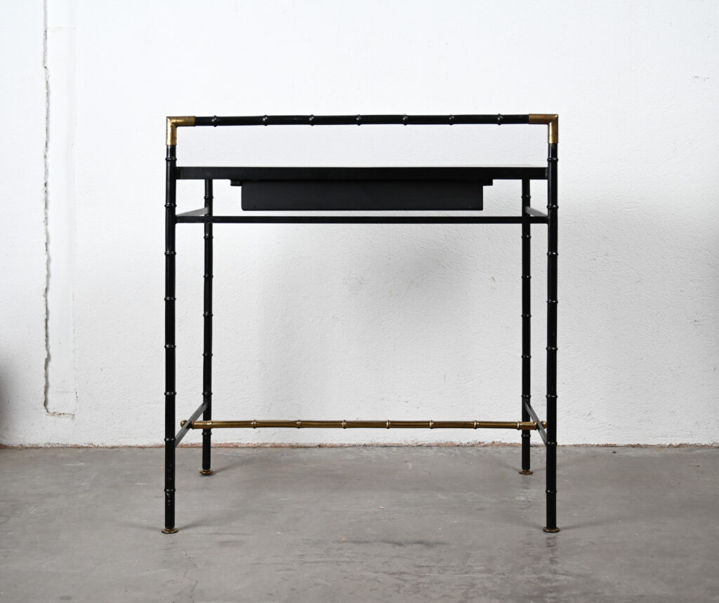 Jacques-Adnet-style-black-and-brass-faux-bamboo-table-14