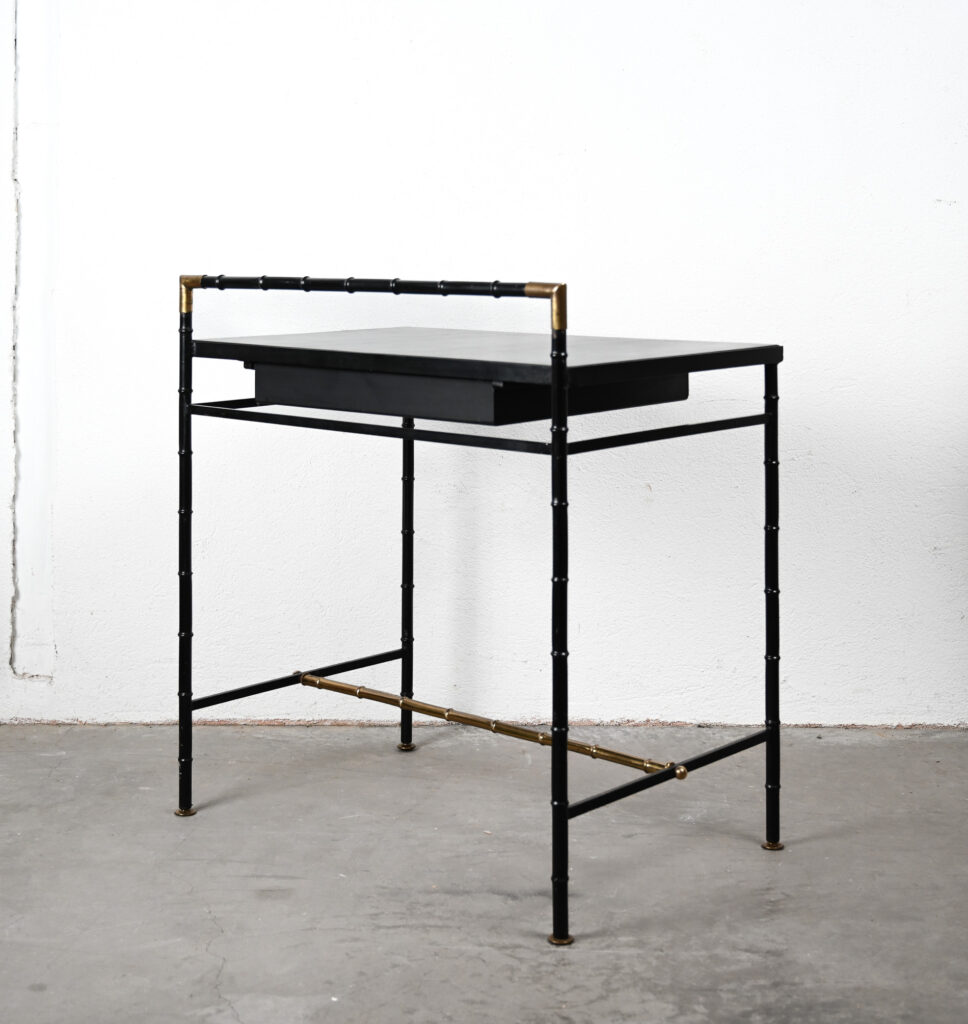 Jacques-Adnet-style-black-and-brass-faux-bamboo-table-15