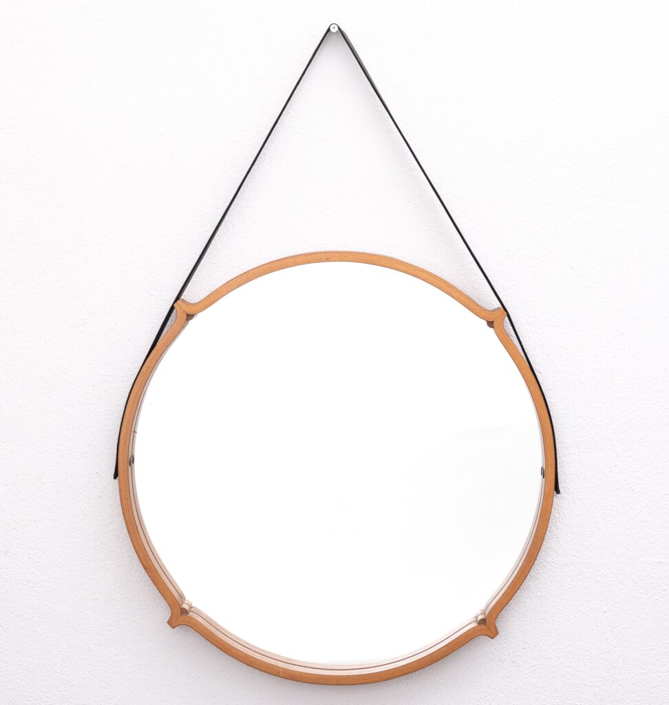 large-circular-teak-Italian-mirror-with-leather-strap-hanger1