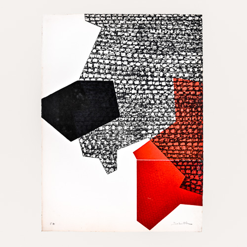 Abstract composition in red and black, etching with aquatint by Jacqueline Debutler, circa 1971 1974