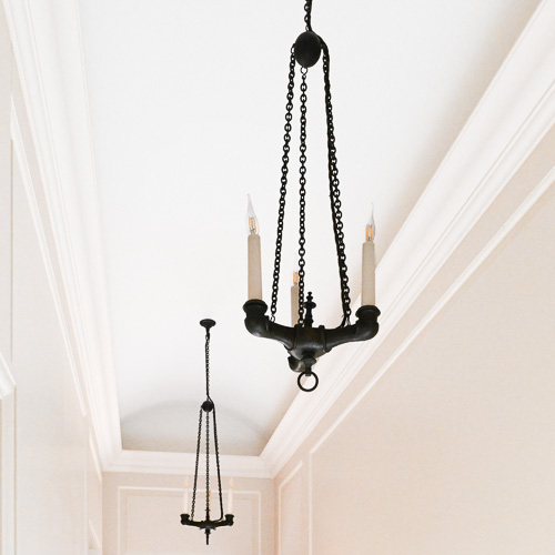 Pair of Patinated Bronze Three-Light Chandeliers in the Empire Taste