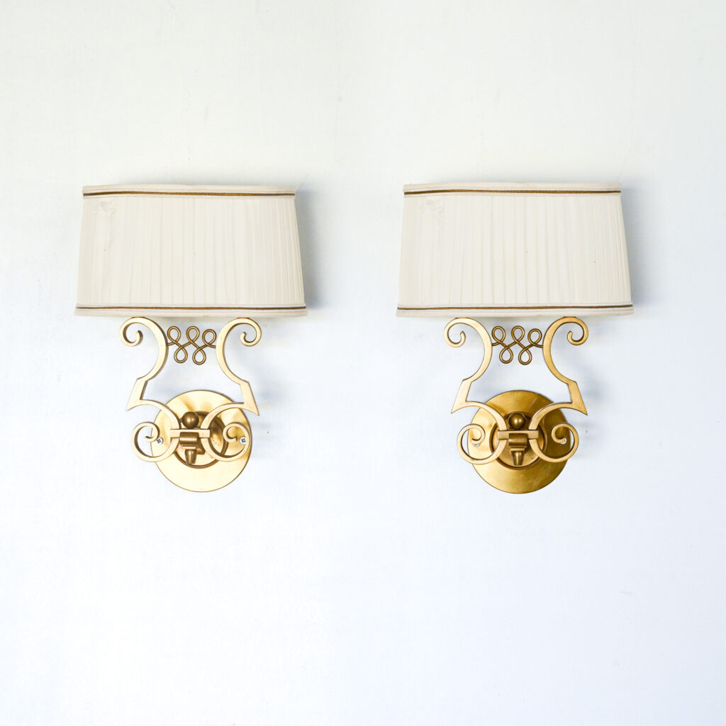 Pair of Gilt Bronze Two Light Wall Sconces — Maison Leleu 2 Pair of Gilt Bronze Two Light Wall Sconces — Maison Leleu 2