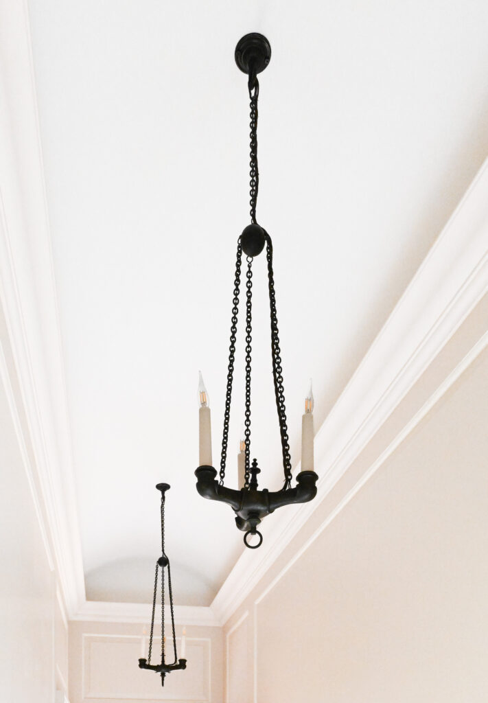 Pair of Patinated Bronze Three Light Chandeliers in the Empire Taste 11