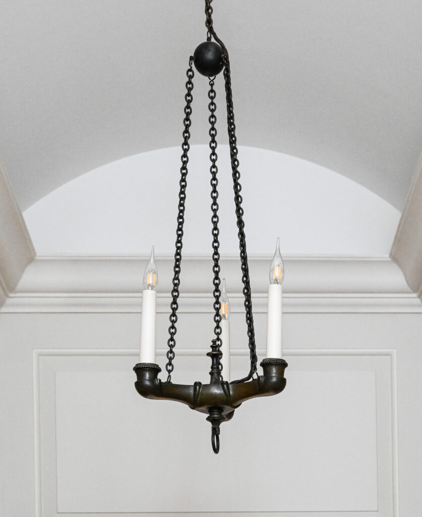 Pair of Patinated Bronze Three Light Chandeliers in the Empire Taste 12
