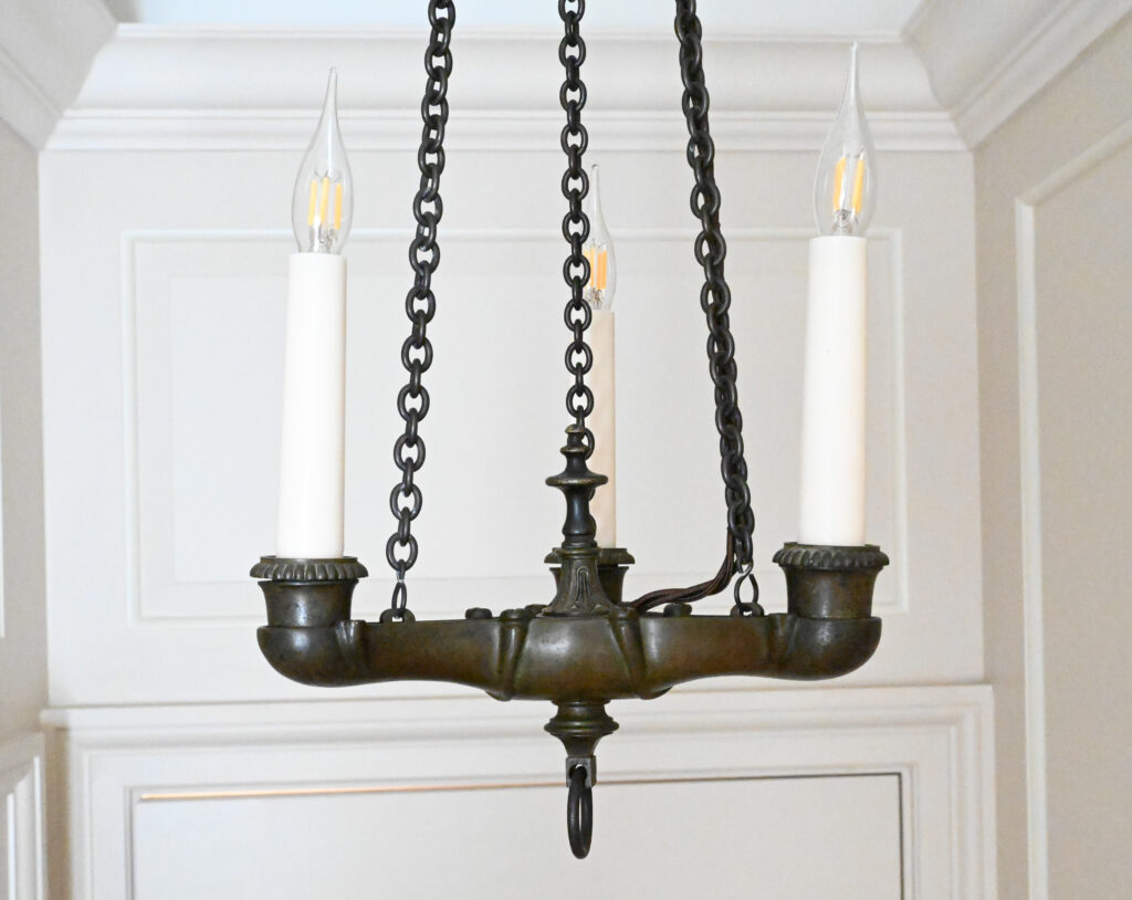 Pair of Patinated Bronze Three Light Chandeliers in the Empire Taste 2