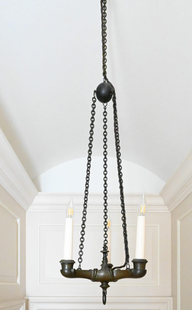 Pair of Patinated Bronze Three Light Chandeliers in the Empire Taste 3