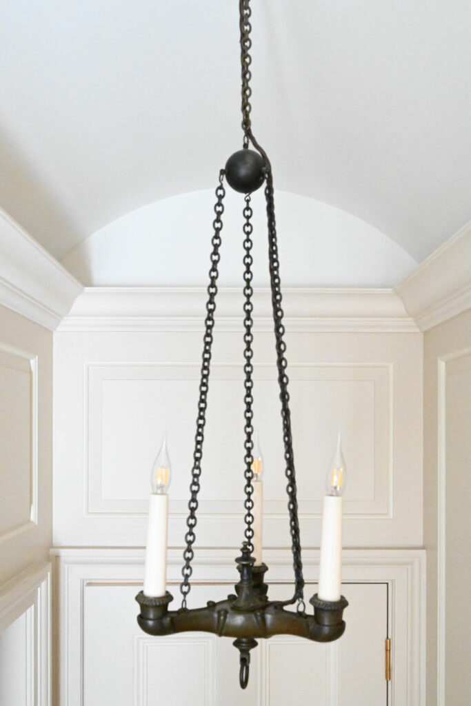 Pair of Patinated Bronze Three Light Chandeliers in the Empire Taste 4