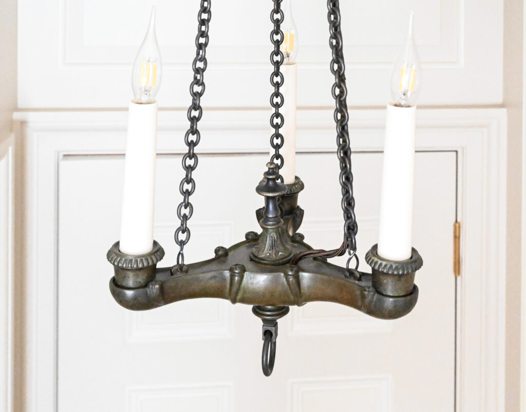 Pair of Patinated Bronze Three Light Chandeliers in the Empire Taste 5