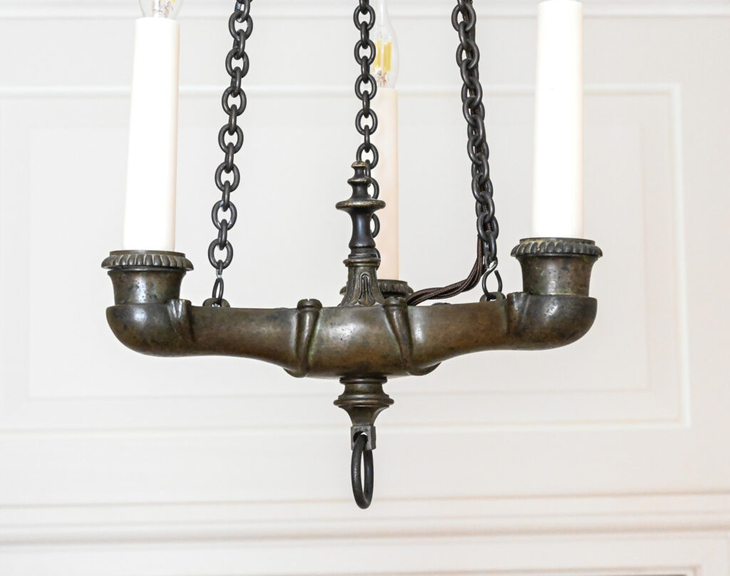 Pair of Patinated Bronze Three Light Chandeliers in the Empire Taste 6