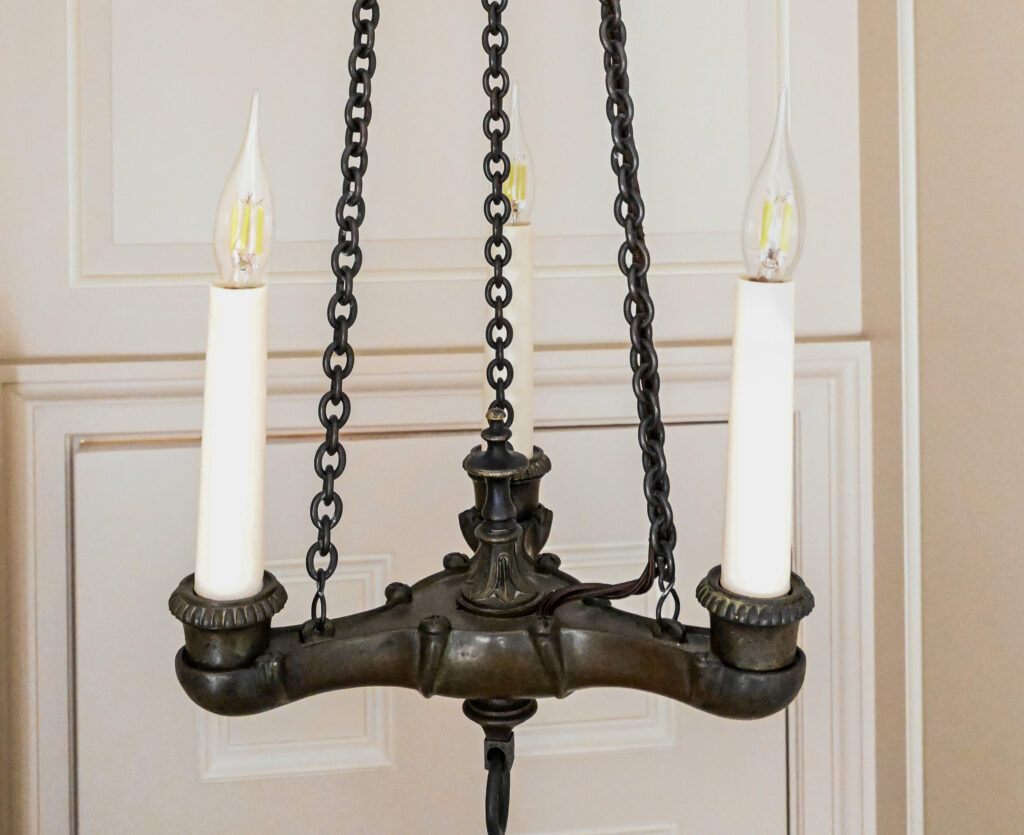 Pair of Patinated Bronze Three Light Chandeliers in the Empire Taste 7