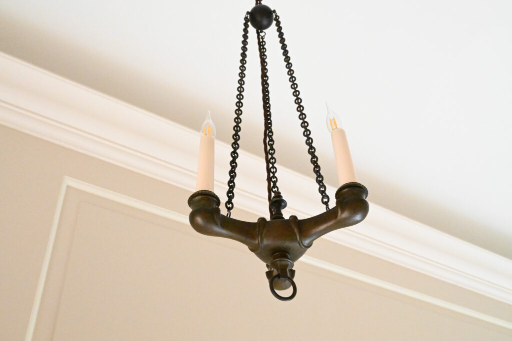 Pair of Patinated Bronze Three Light Chandeliers in the Empire Taste 8