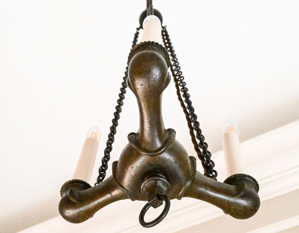 Pair of Patinated Bronze Three Light Chandeliers in the Empire Taste 9