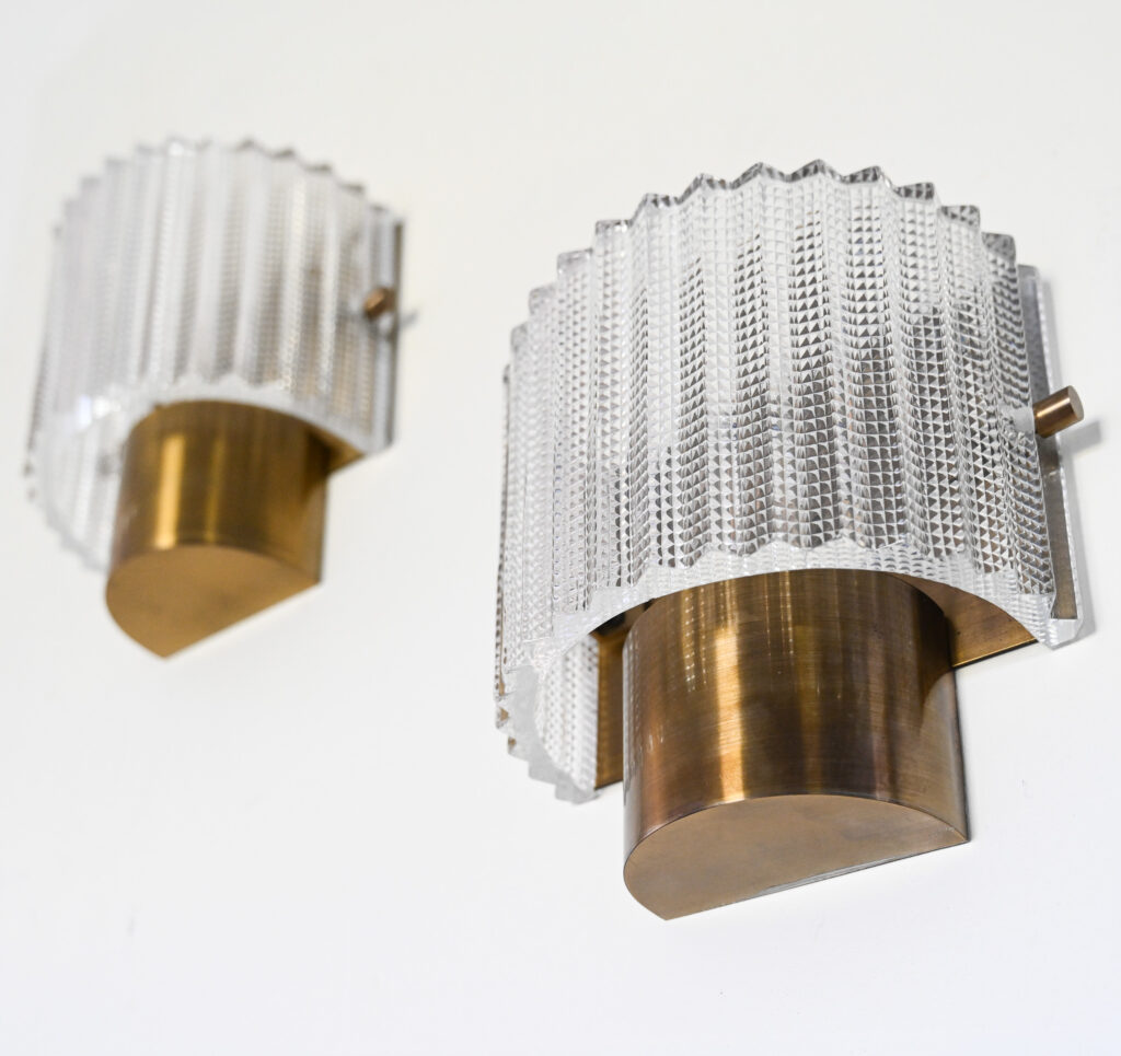 Pair of Glass and Brass Wall Lights in the Manner of Carl Fagerlund for Orrefors 05