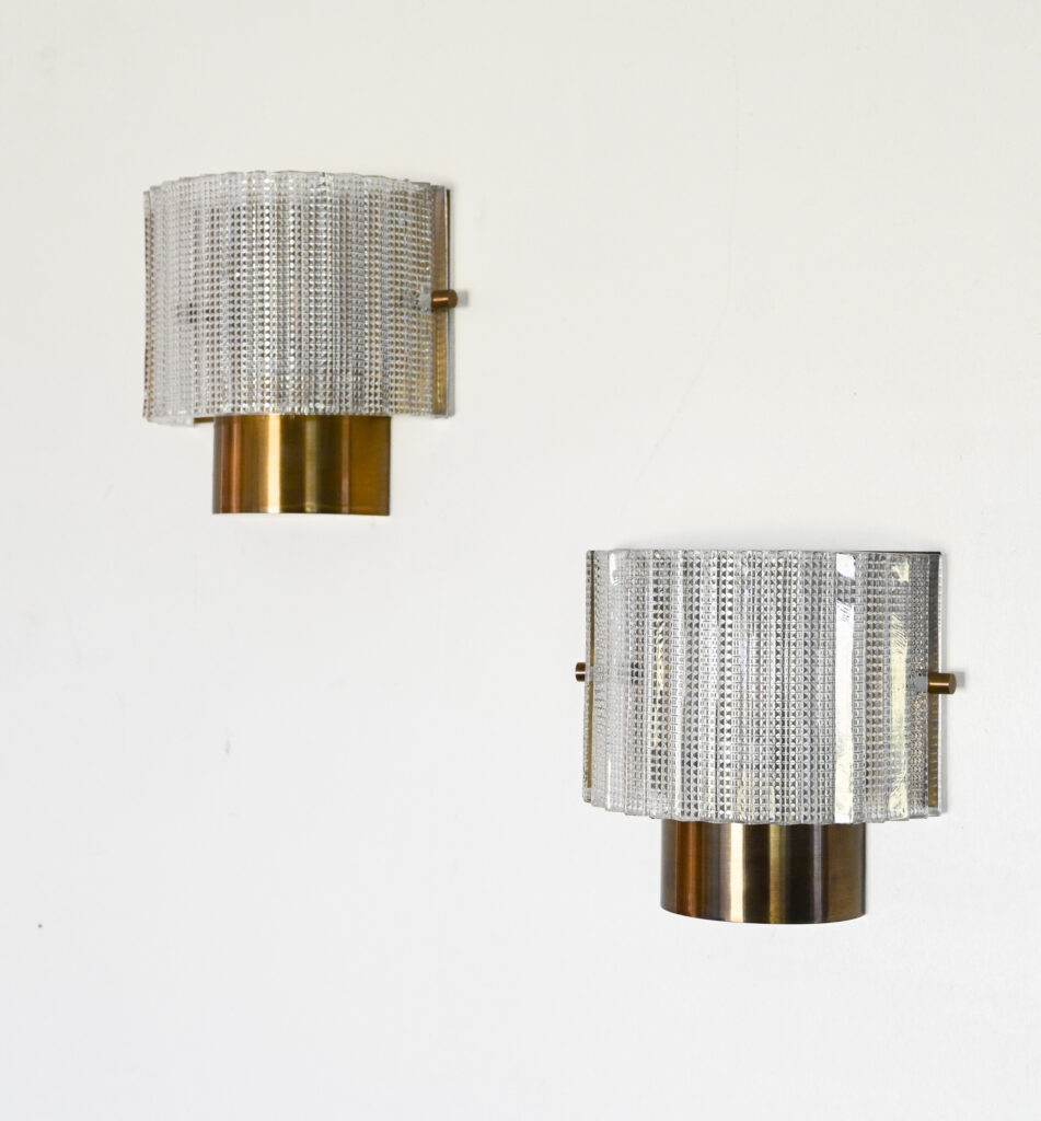 Pair of Glass and Brass Wall Lights in the Manner of Carl Fagerlund for Orrefors 09