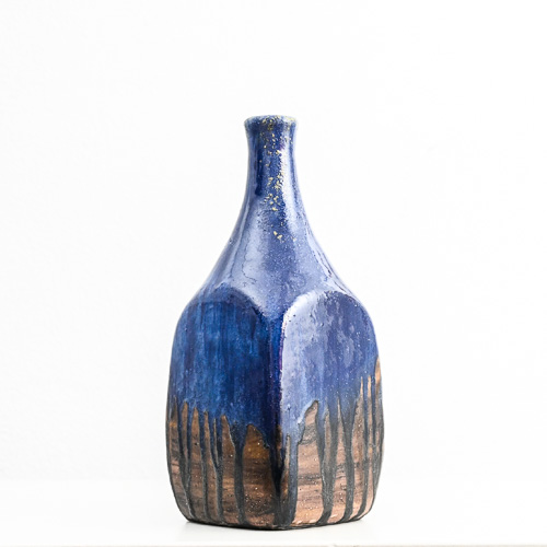 Tall cobalt drip-glaze bottle vase by Marcello Fantoni, Florence