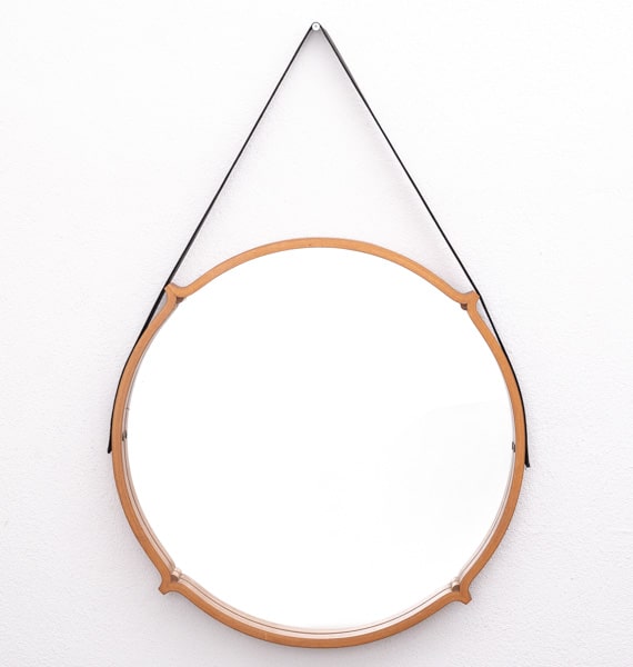 3details large circular teak Italian mirror with leather strap hanger