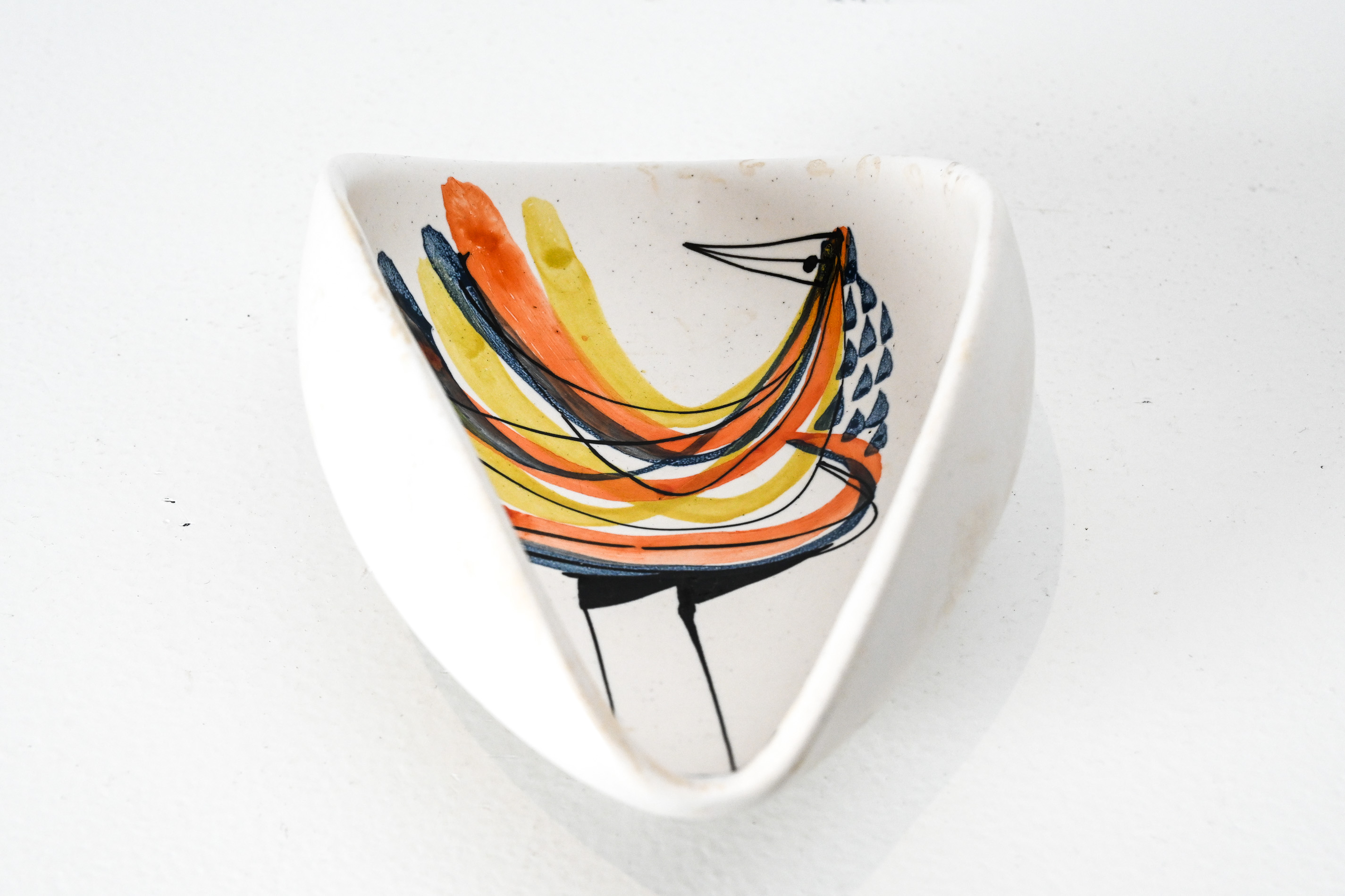 3details - mid century Roger Capron ceramic vide poche with bird motif